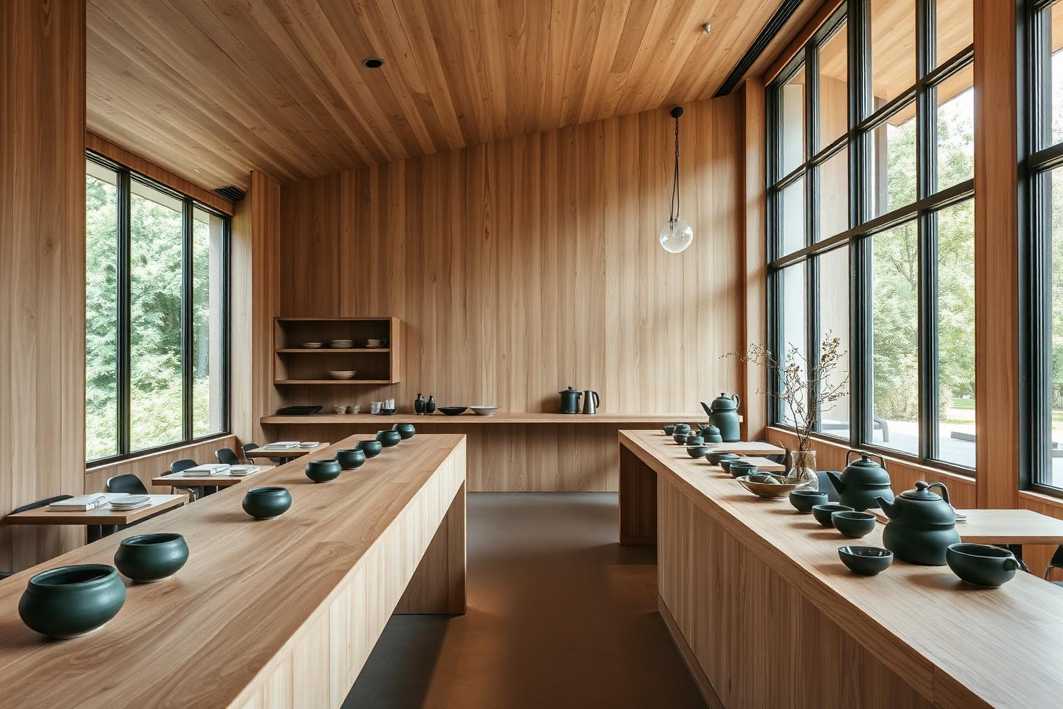 Interior of a modern tea house with warm wood and soft light