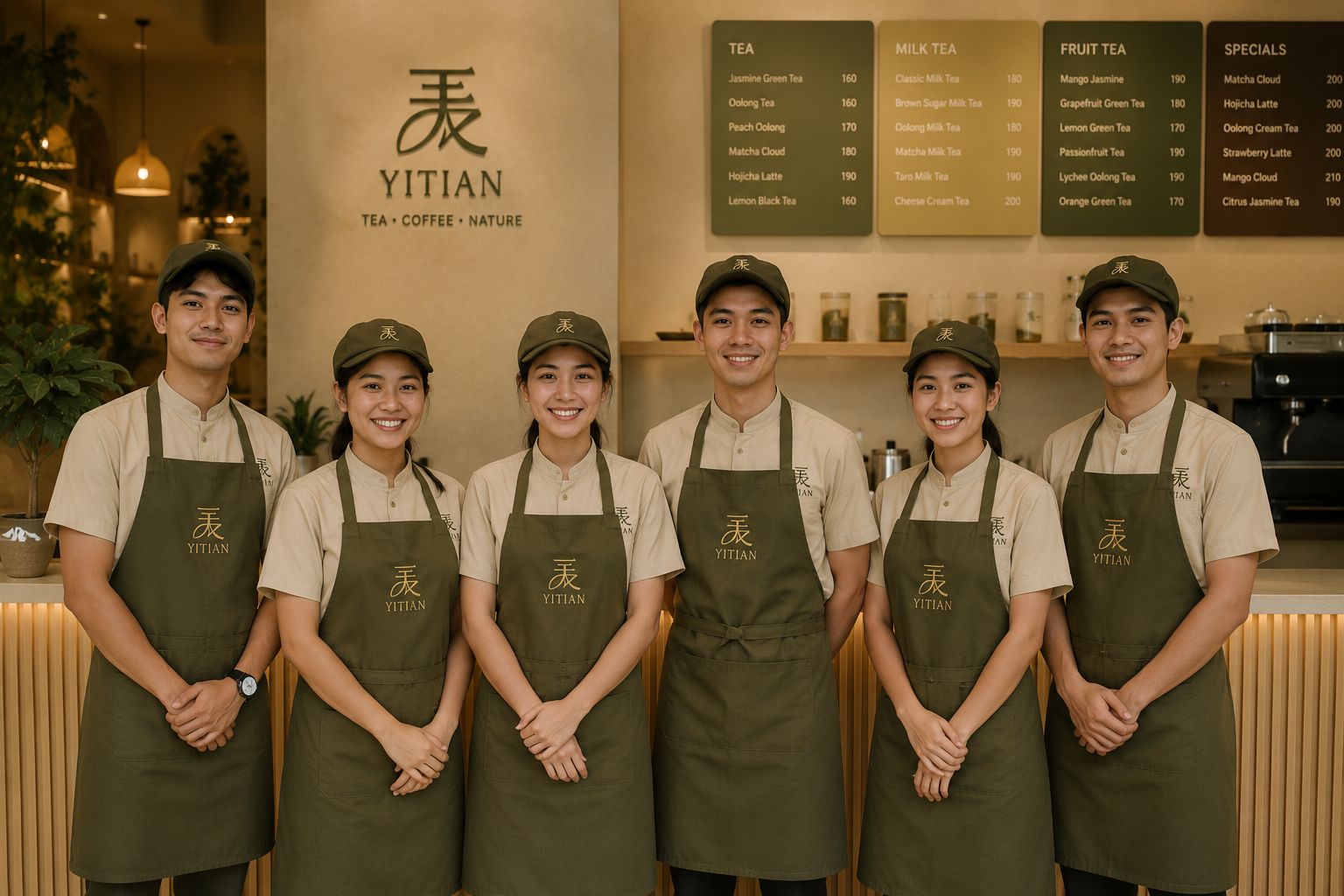 The YITIAN team in olive aprons behind the tea bar