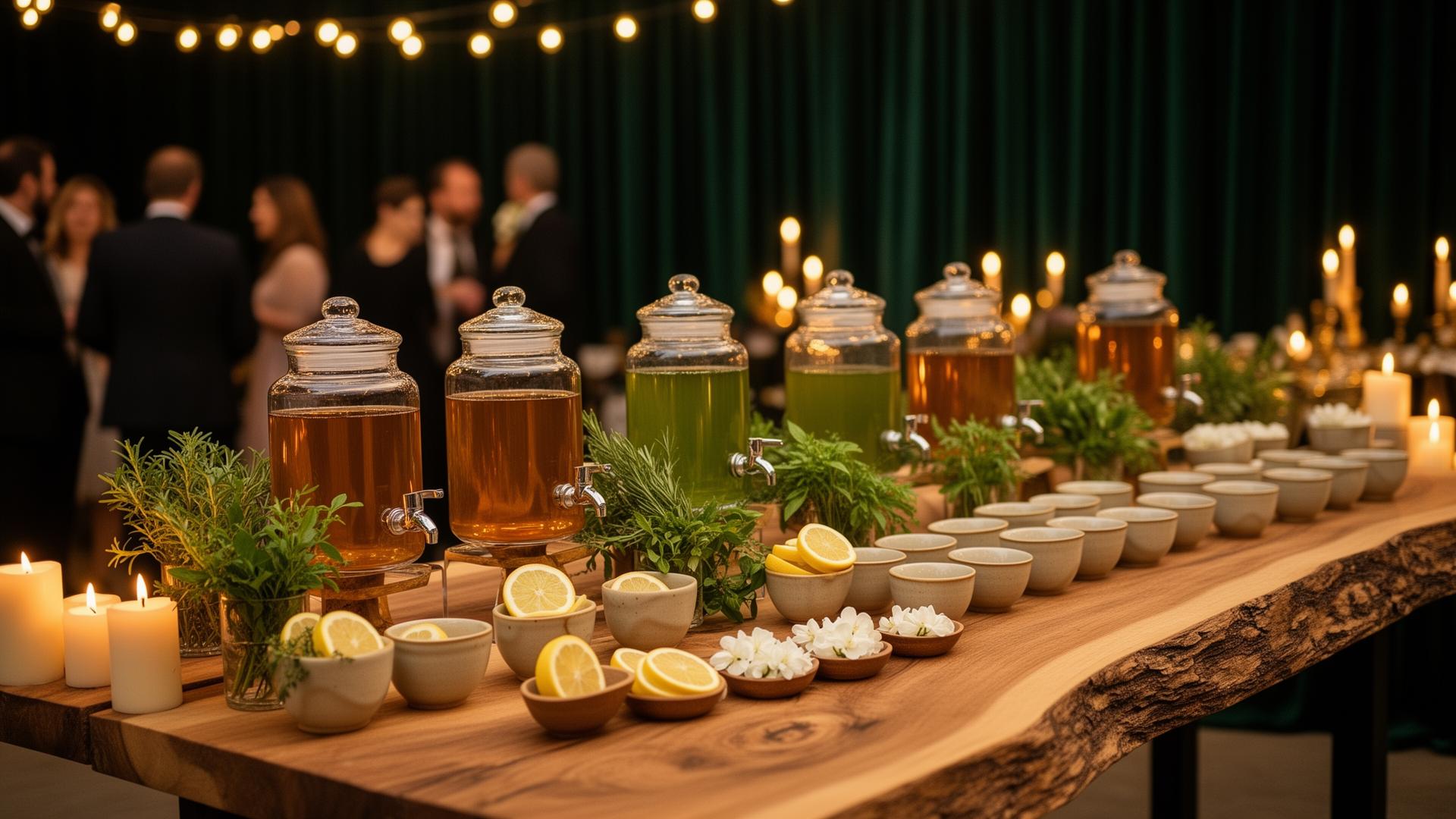 A live-edge tea bar styled for a private celebration, candlelight and glass dispensers of amber and green tea