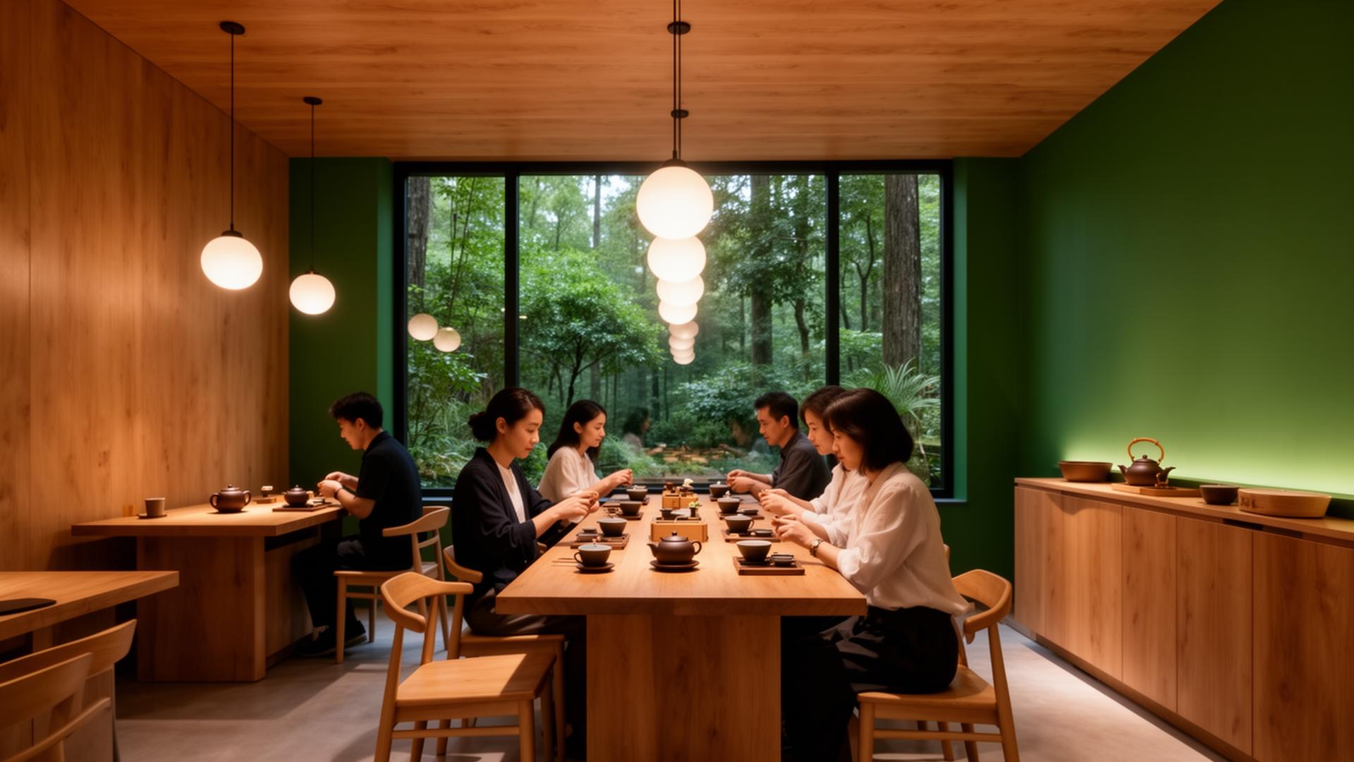 Modern tea-house interior with warm wood