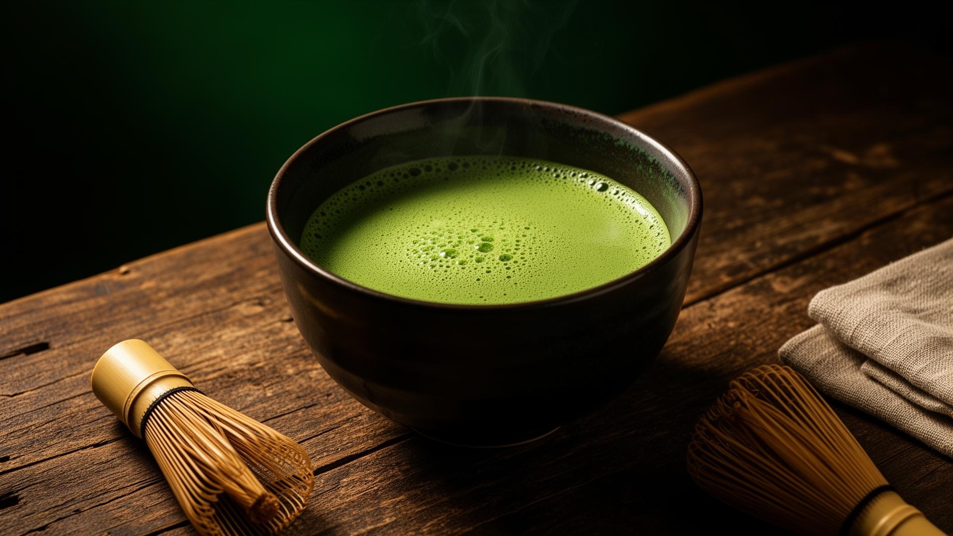 A bowl of hand-whisked ceremonial matcha resting on an aged wooden tea table